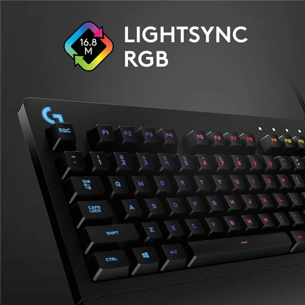 Logitech Teclado G213 Prodigy Gaming Negro, vista en ángulo: retroiluminación RGB multicolor en teclas y logo G azul
