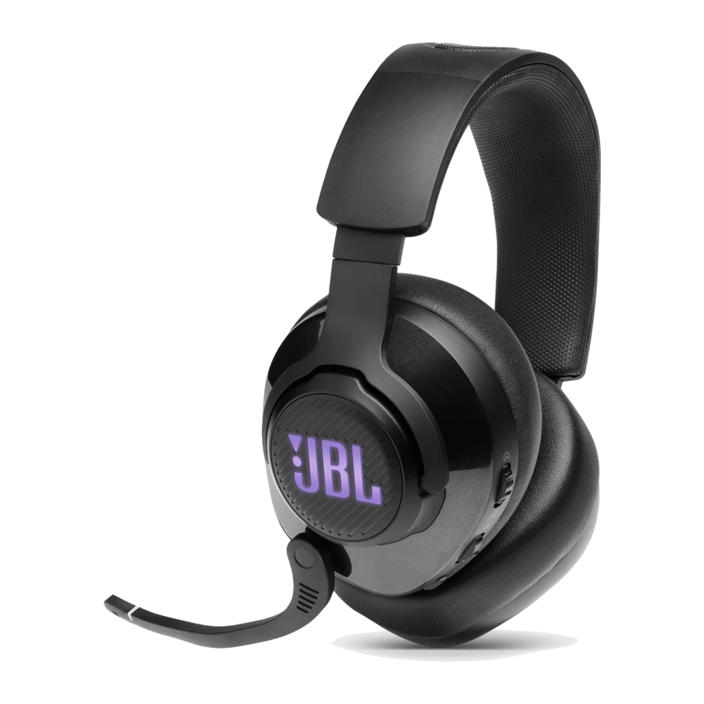 JBL Quantum 400 Noir, vue latérale: logo JBL rétroéclairé en bleu, microphone boom et coussinets over-ear - Ítem2