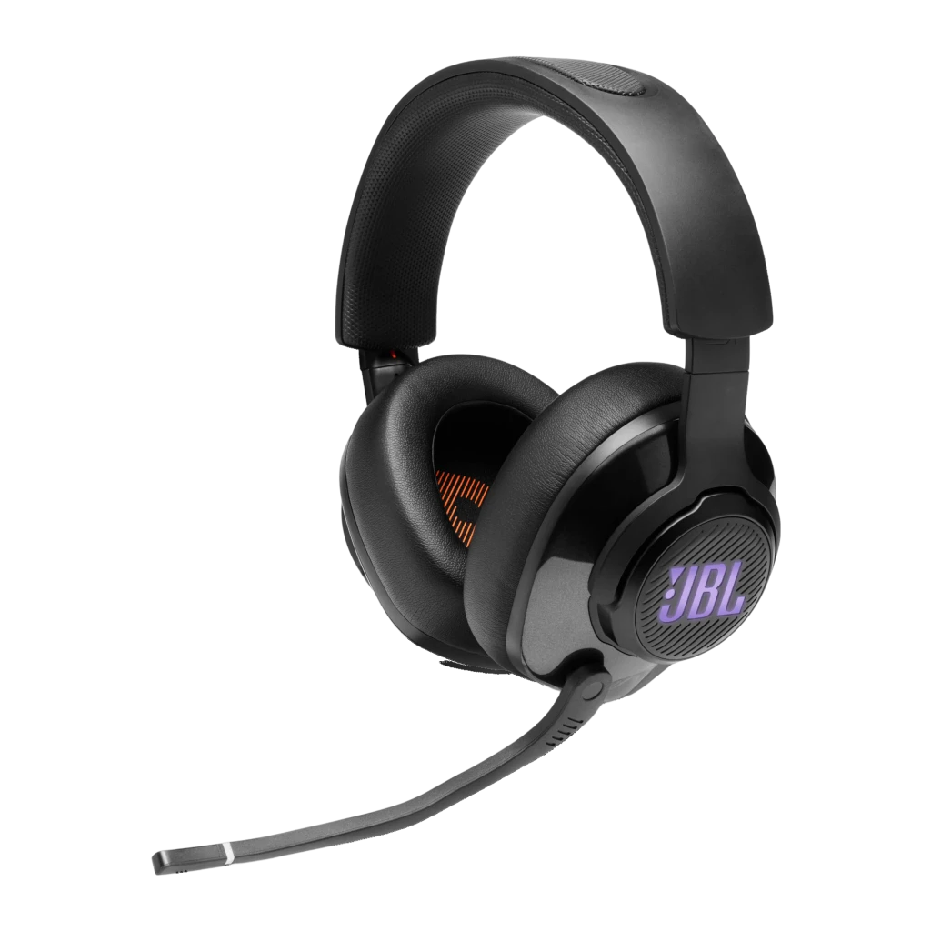 JBL Quantum 400 Noir, vue latérale: logo JBL rétroéclairé en bleu, microphone boom et coussinets over-ear - Ítem3