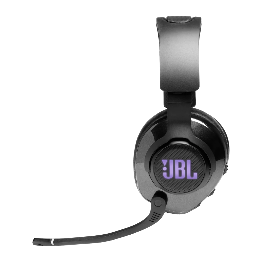 JBL Quantum 400 Noir, vue latérale: logo JBL rétroéclairé en bleu, microphone boom et coussinets over-ear - Ítem4