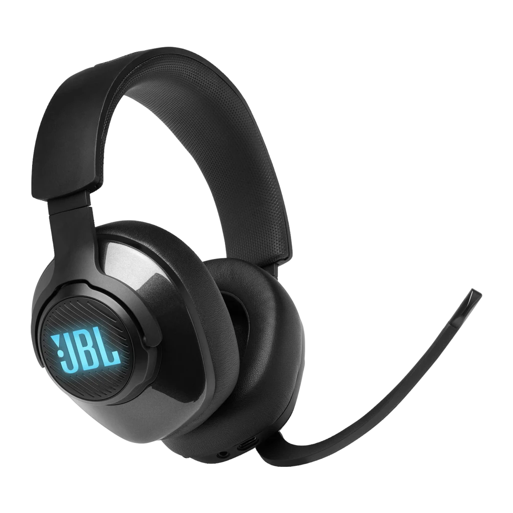 JBL Quantum 400 Noir, vue latérale: logo JBL rétroéclairé en bleu, microphone boom et coussinets over-ear - Ítem5