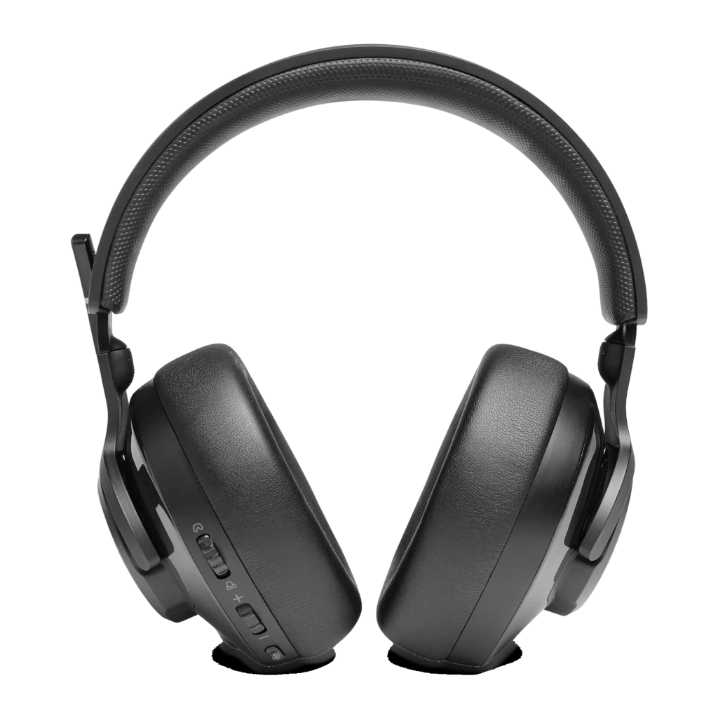 JBL Quantum 400 Noir, vue latérale: logo JBL rétroéclairé en bleu, microphone boom et coussinets over-ear - Ítem6