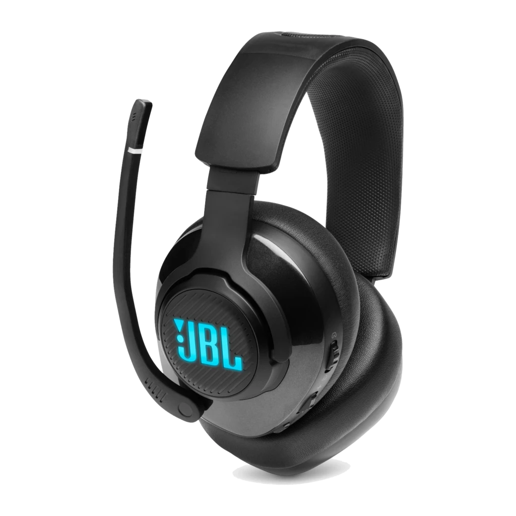 JBL Quantum 400 Noir, vue latérale: logo JBL rétroéclairé en bleu, microphone boom et coussinets over-ear - Ítem1