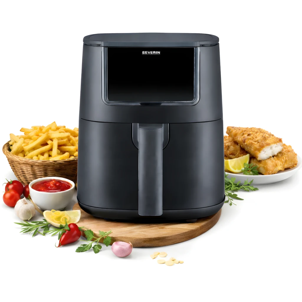 Severin Airfryer 4l FR 2461 negro, vista frontal en ángulo: panel táctil digital con temperatura 175°C y cajón cerrado - Ítem2