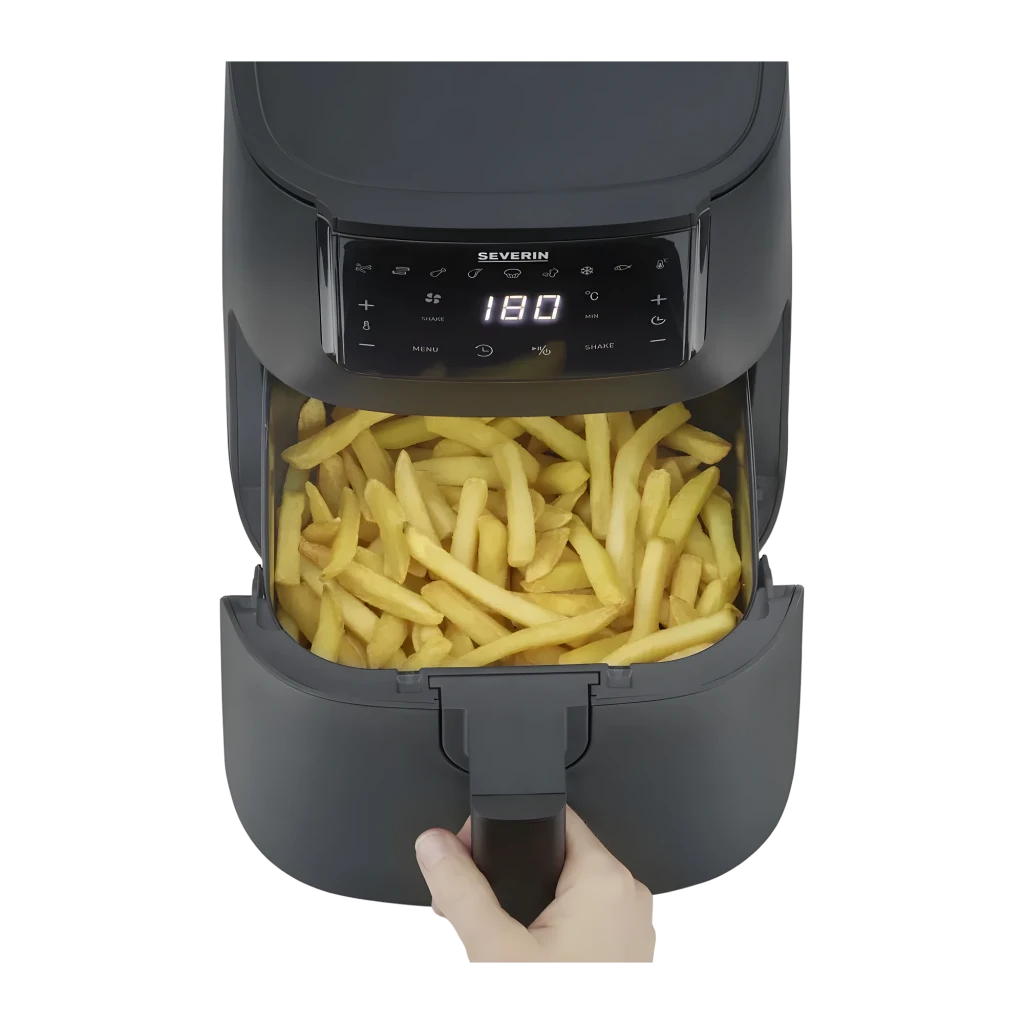 Severin Airfryer 4l FR 2461 negro, vista frontal en ángulo: panel táctil digital con temperatura 175°C y cajón cerrado - Ítem5