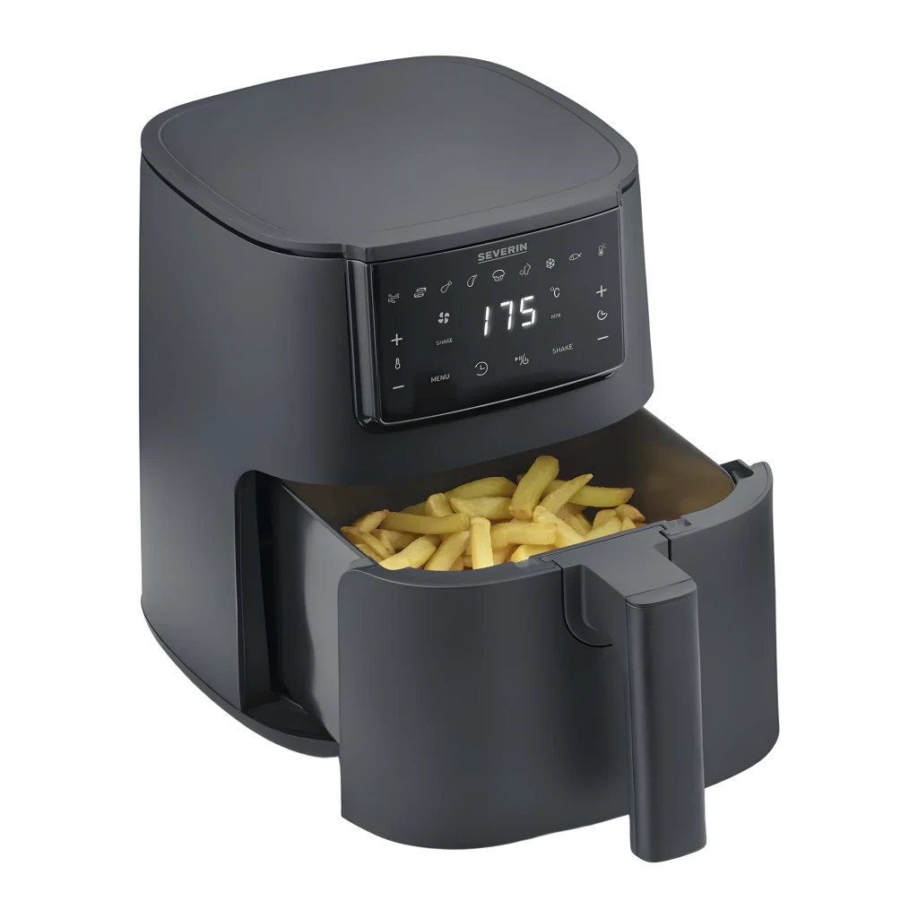 Severin Airfryer 4l FR 2461 negro, vista frontal en ángulo: panel táctil digital con temperatura 175°C y cajón cerrado - Ítem6