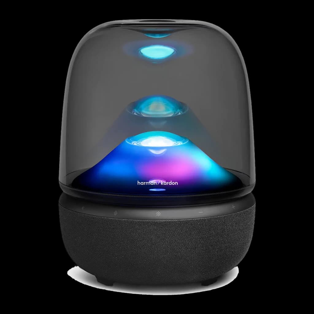 Harman Kardon Aura Studio 5 negro, vista frontal: cúpula transparente con luces LED azules y rosas, base de tela negra y logo