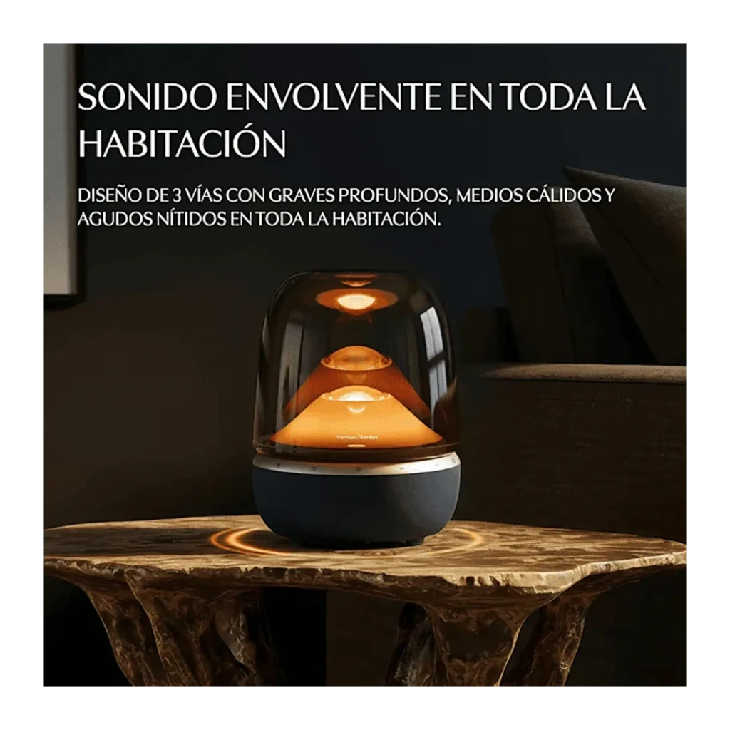 Harman Kardon Aura Studio 5 negro, vista frontal: cúpula transparente con luces LED azules y rosas, base de tela negra y logo - Ítem1