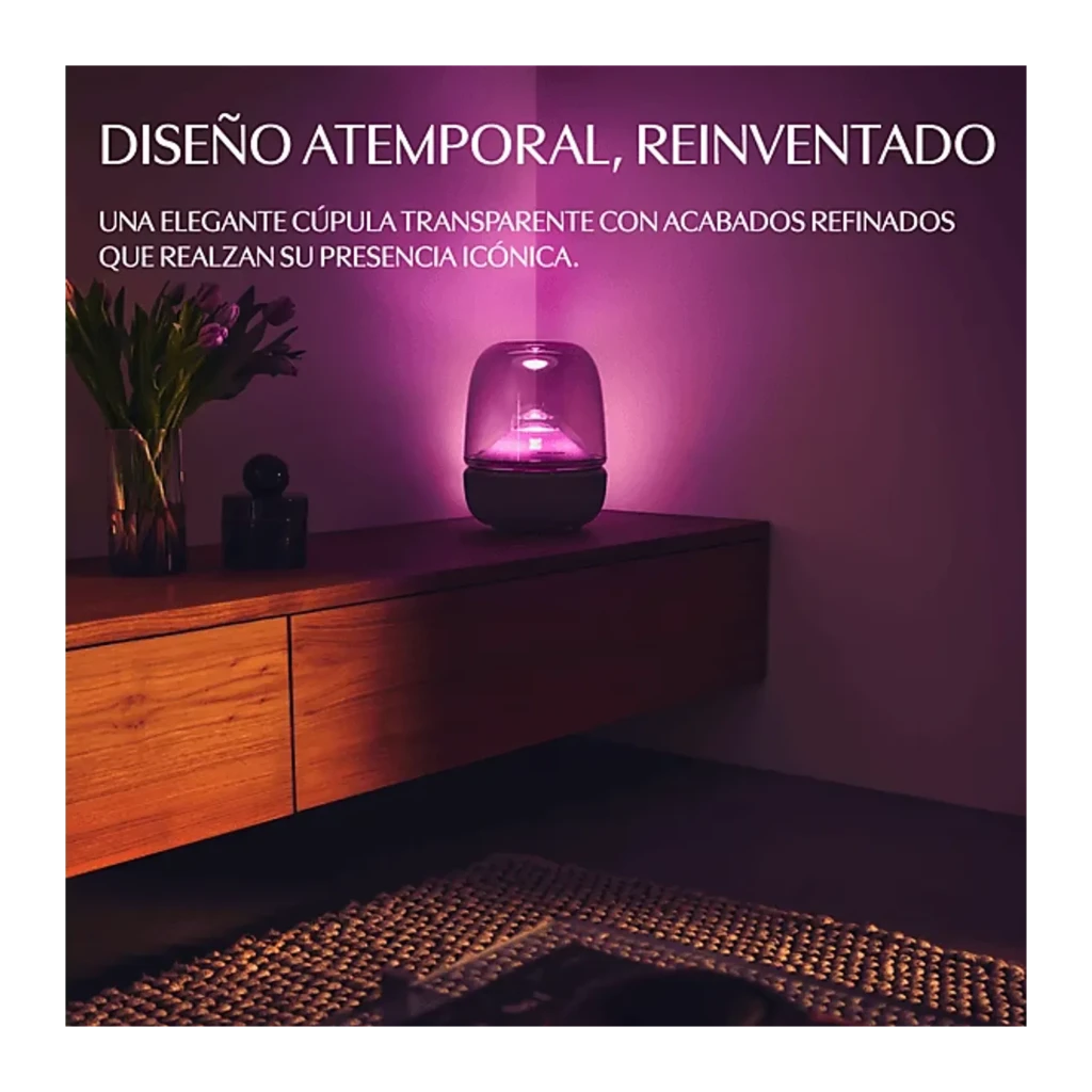 Harman Kardon Aura Studio 5 negro, vista frontal: cúpula transparente con luces LED azules y rosas, base de tela negra y logo - Ítem2