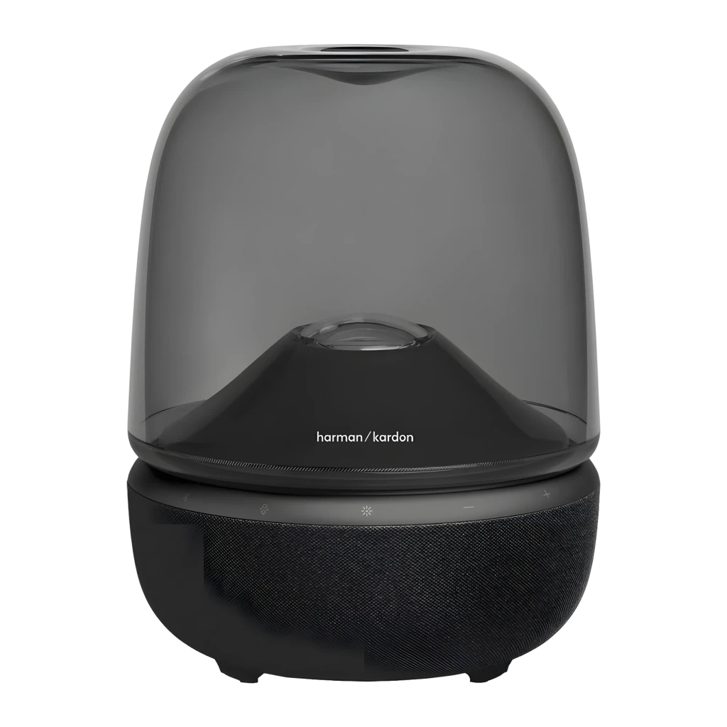 Harman Kardon Aura Studio 5 negro, vista frontal: cúpula transparente con luces LED azules y rosas, base de tela negra y logo - Ítem4