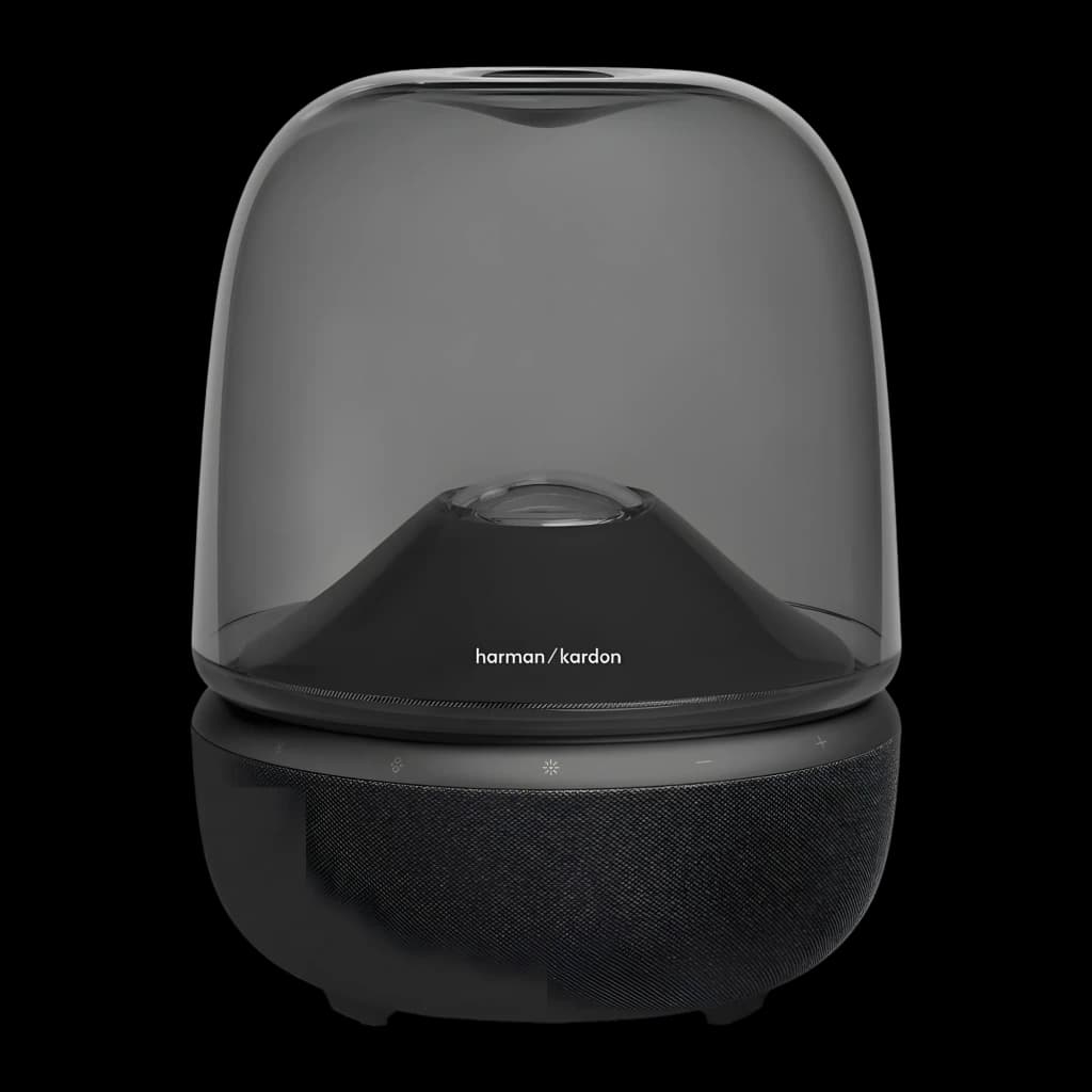 Harman Kardon Aura Studio 5 negro, vista frontal: cúpula ahumada transparente, base cónica con logo y rejilla textil negra