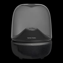 Harman Kardon Aura Studio 5 negro, vista frontal: cúpula ahumada transparente, base cónica con logo y rejilla textil negra