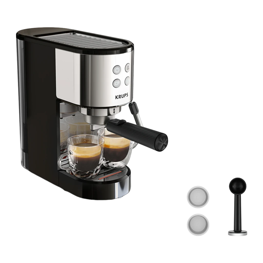 Krups Virtuoso XP441810 noir acier inoxydable, vue en angle: panneau 4 boutons, sélecteur et porte-filtre avec poignée - Ítem3