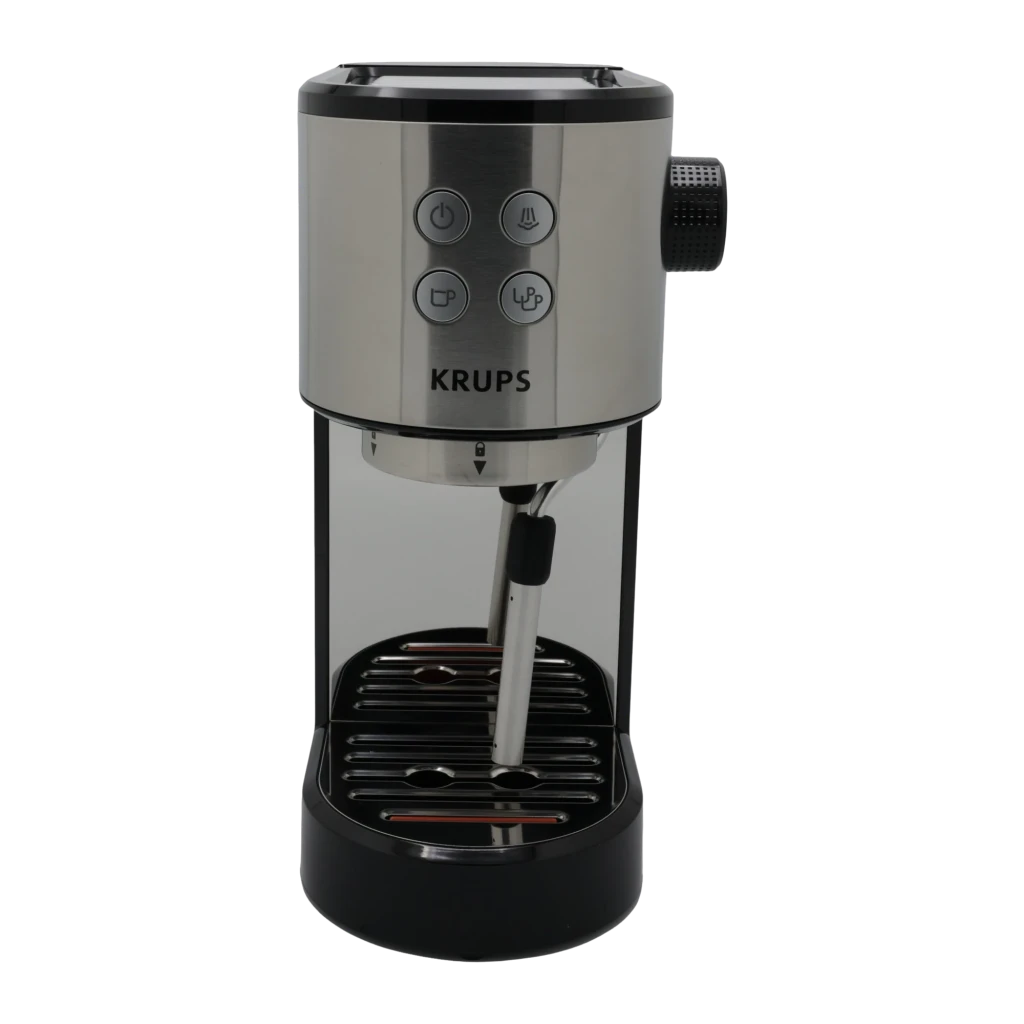 Krups Virtuoso XP441810 noir acier inoxydable, vue en angle: panneau 4 boutons, sélecteur et porte-filtre avec poignée - Ítem1