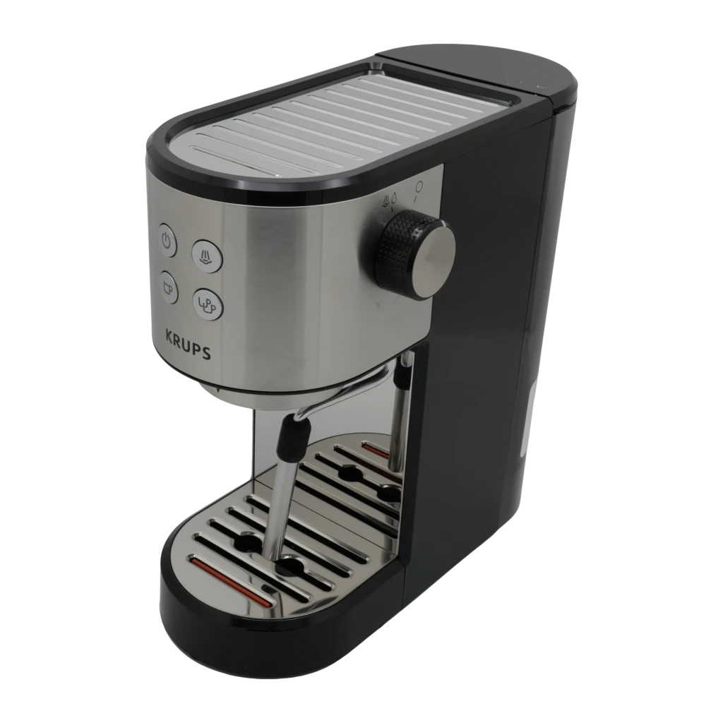 Krups Virtuoso XP441810 noir acier inoxydable, vue en angle: panneau 4 boutons, sélecteur et porte-filtre avec poignée - Ítem2
