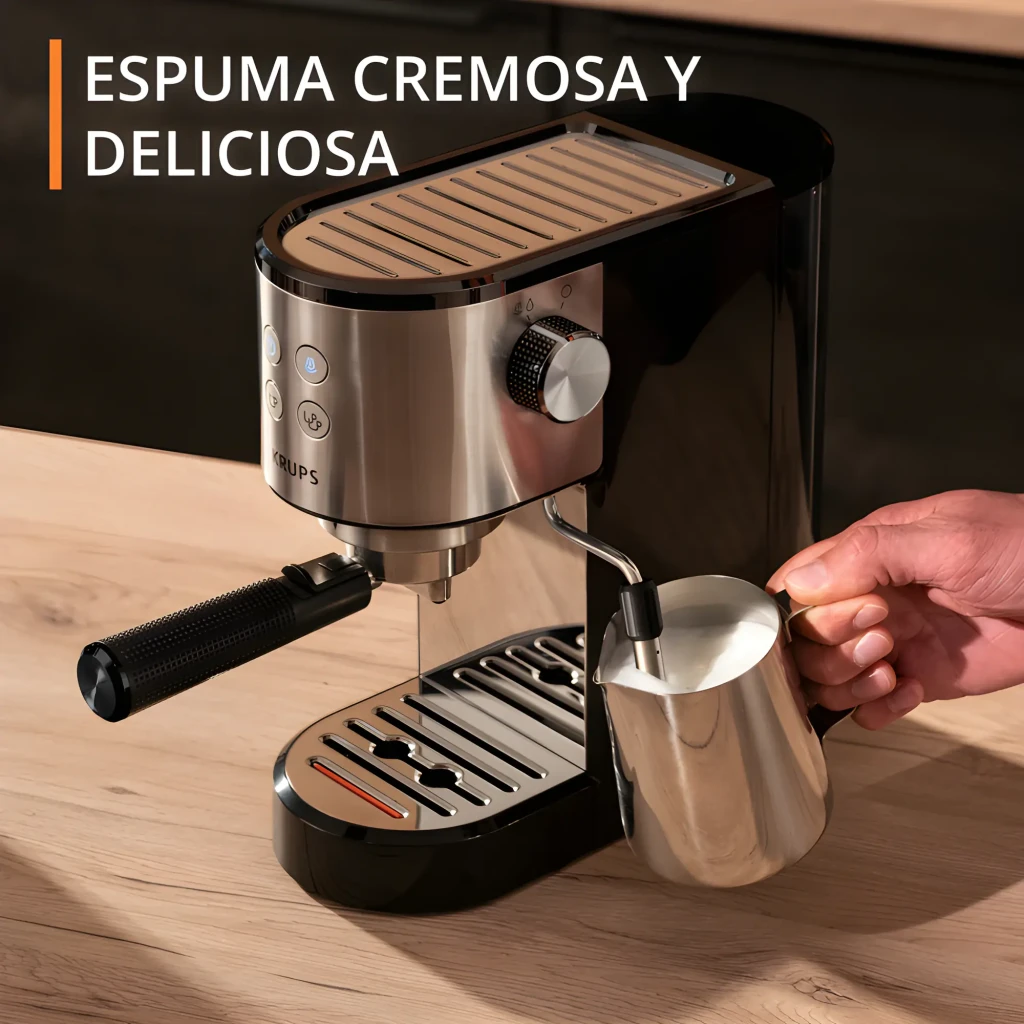Krups Virtuoso XP441810 noir acier inoxydable, vue en angle: panneau 4 boutons, sélecteur et porte-filtre avec poignée - Ítem5