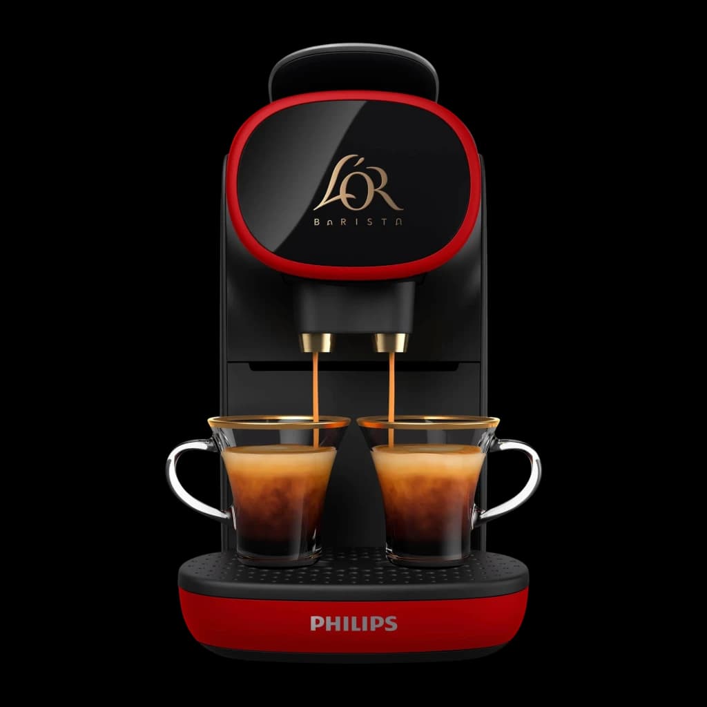 Philips Cafetera Passione Rossa LM9012/51 preto e vermelho, vista frontal: dois copos de espresso a encher com bicos