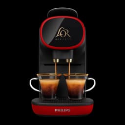 Philips Cafetera Passione Rossa LM9012/51 preto e vermelho, vista frontal: dois copos de espresso a encher com bicos