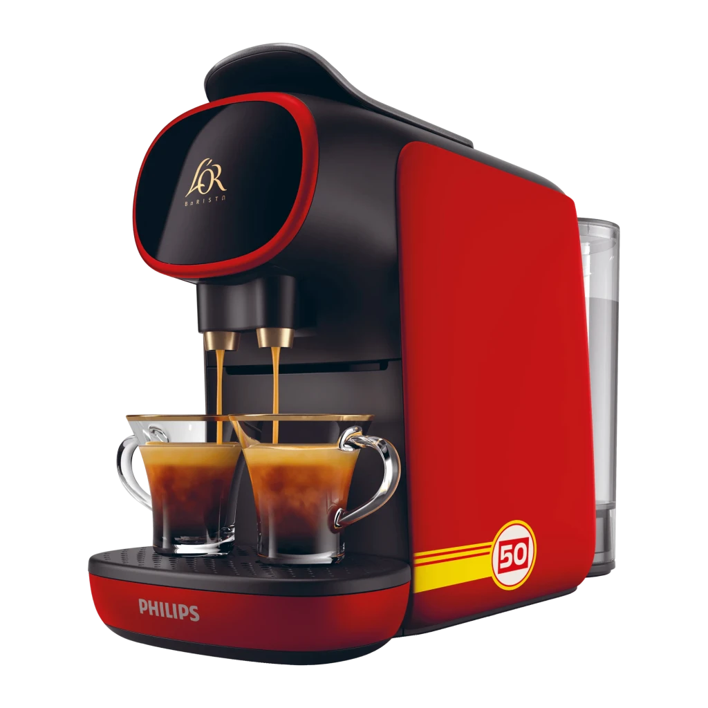 Philips Cafetera Passione Rossa LM9012/51 noir et rouge, vue de face: deux tasses d'espresso en remplissage avec becs dorés - Ítem1