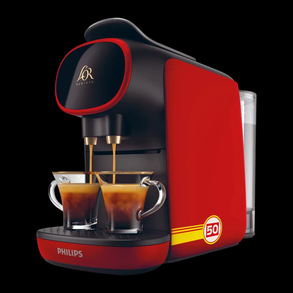 Philips Máquina de Cápsulas Passione Rossa LM9012/51 Preto e Vermelho Monza, vista lateral: servindo dois expressos, logo