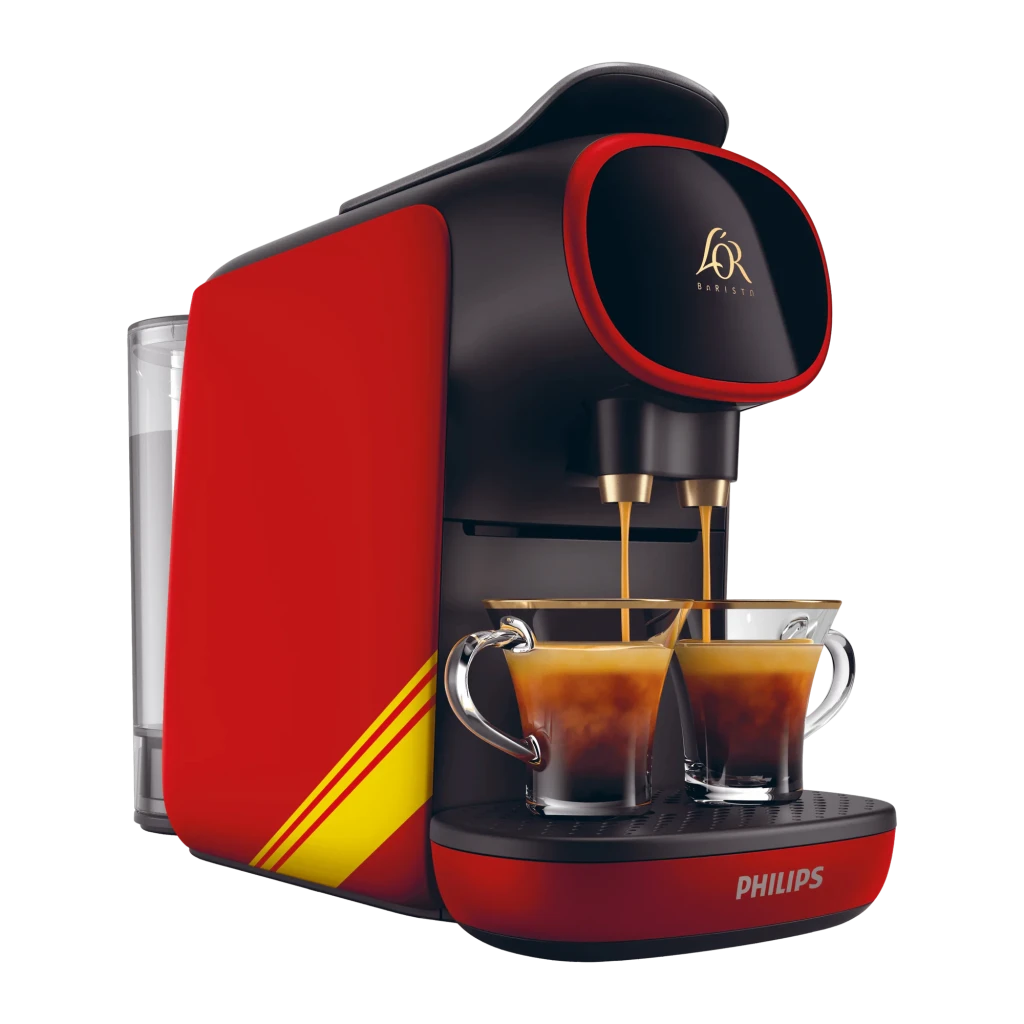 Philips Cafetera Passione Rossa LM9012/51 noir et rouge, vue de face: deux tasses d'espresso en remplissage avec becs dorés - Ítem2