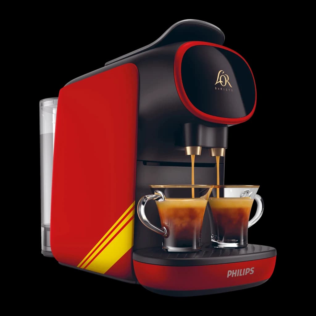 Philips Cafetera Passione Rossa LM9012/51 Preto e Vermelho Monza, vista lateral: dois copos a encher com espresso, riscas