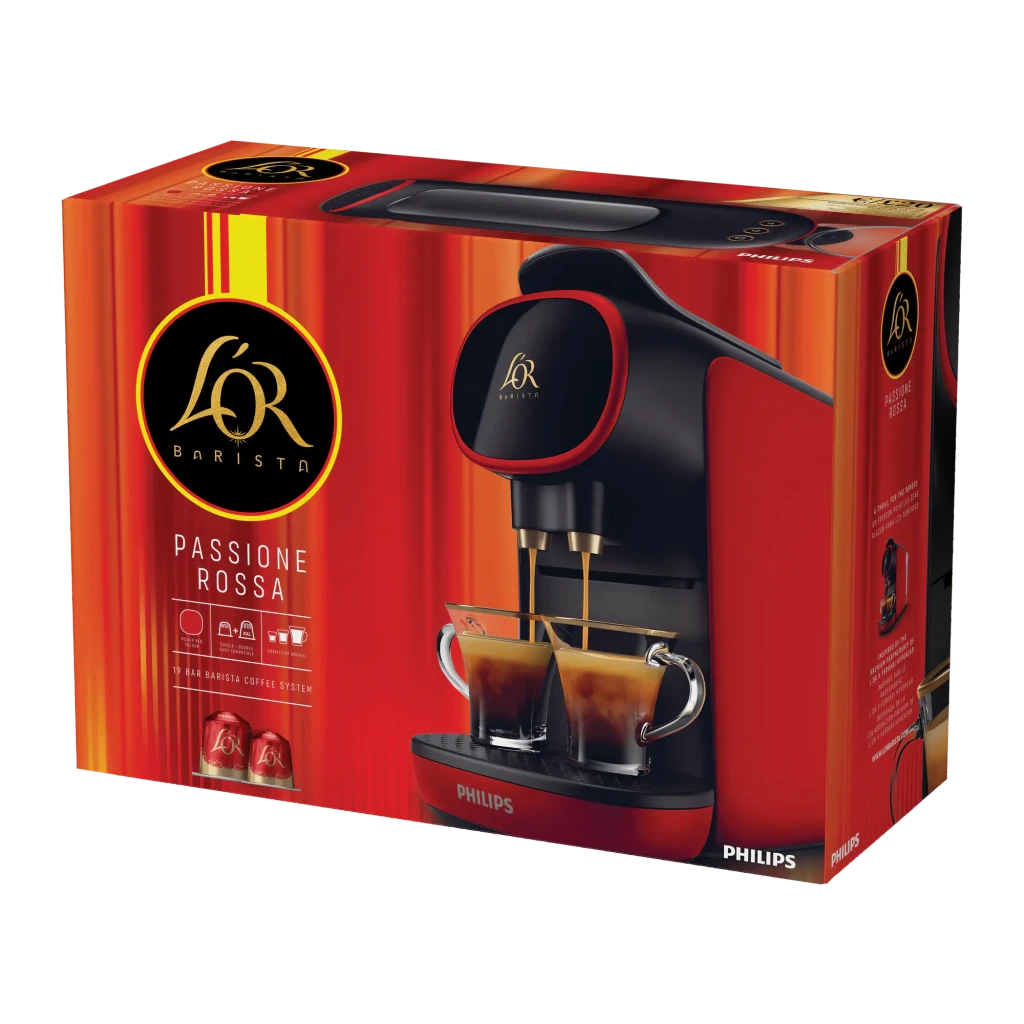 Philips Cafetera Passione Rossa LM9012/51 noir et rouge, vue de face: deux tasses d'espresso en remplissage avec becs dorés - Ítem4
