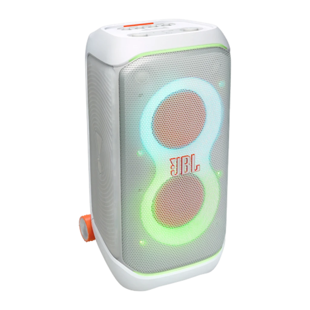 JBL PartyBox Stage 320 240W Noir, vue en angle: enceinte blanche avec lumières LED vertes et bleues, deux woofers et logo - Ítem