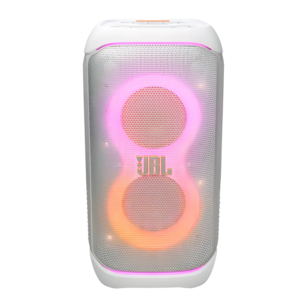 JBL PartyBox Stage 320 240W Noir, vue en angle: enceinte blanche avec lumières LED vertes et bleues, deux woofers et logo - Ítem9