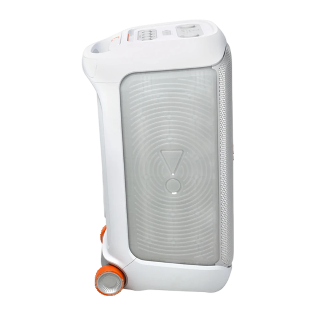 JBL PartyBox Stage 320 240W Noir, vue en angle: enceinte blanche avec lumières LED vertes et bleues, deux woofers et logo - Ítem2