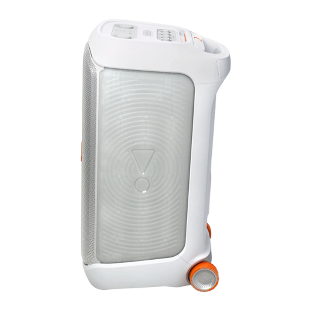 JBL PartyBox Stage 320 240W Noir, vue en angle: enceinte blanche avec lumières LED vertes et bleues, deux woofers et logo - Ítem3
