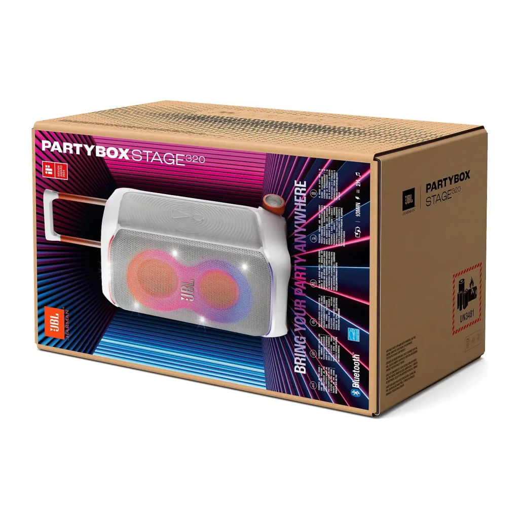 JBL PartyBox Stage 320 240W Noir, vue en angle: enceinte blanche avec lumières LED vertes et bleues, deux woofers et logo - Ítem5
