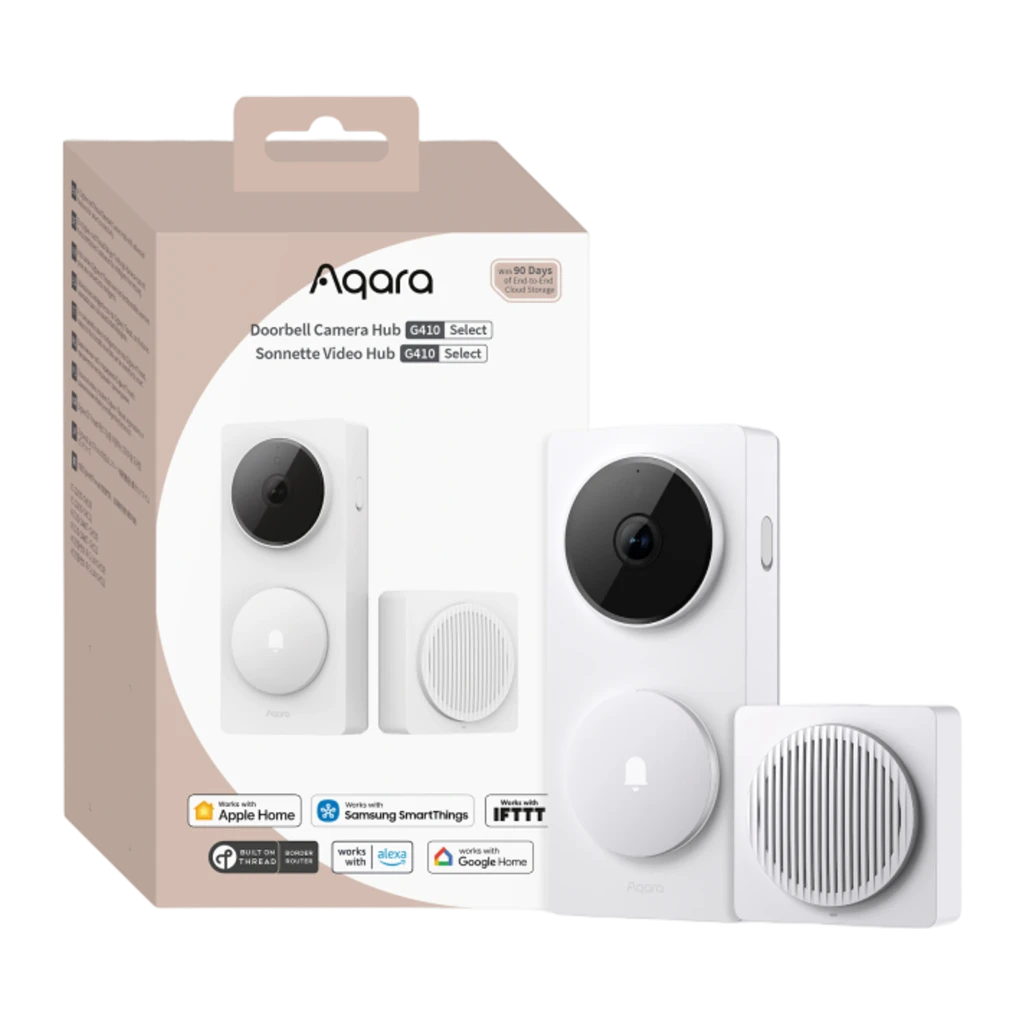 Aqara Doorbell Camera Hub G410 512GB blanc, kit complet en perspective: visiophone avec module caméra et récepteur intérieur - Ítem3