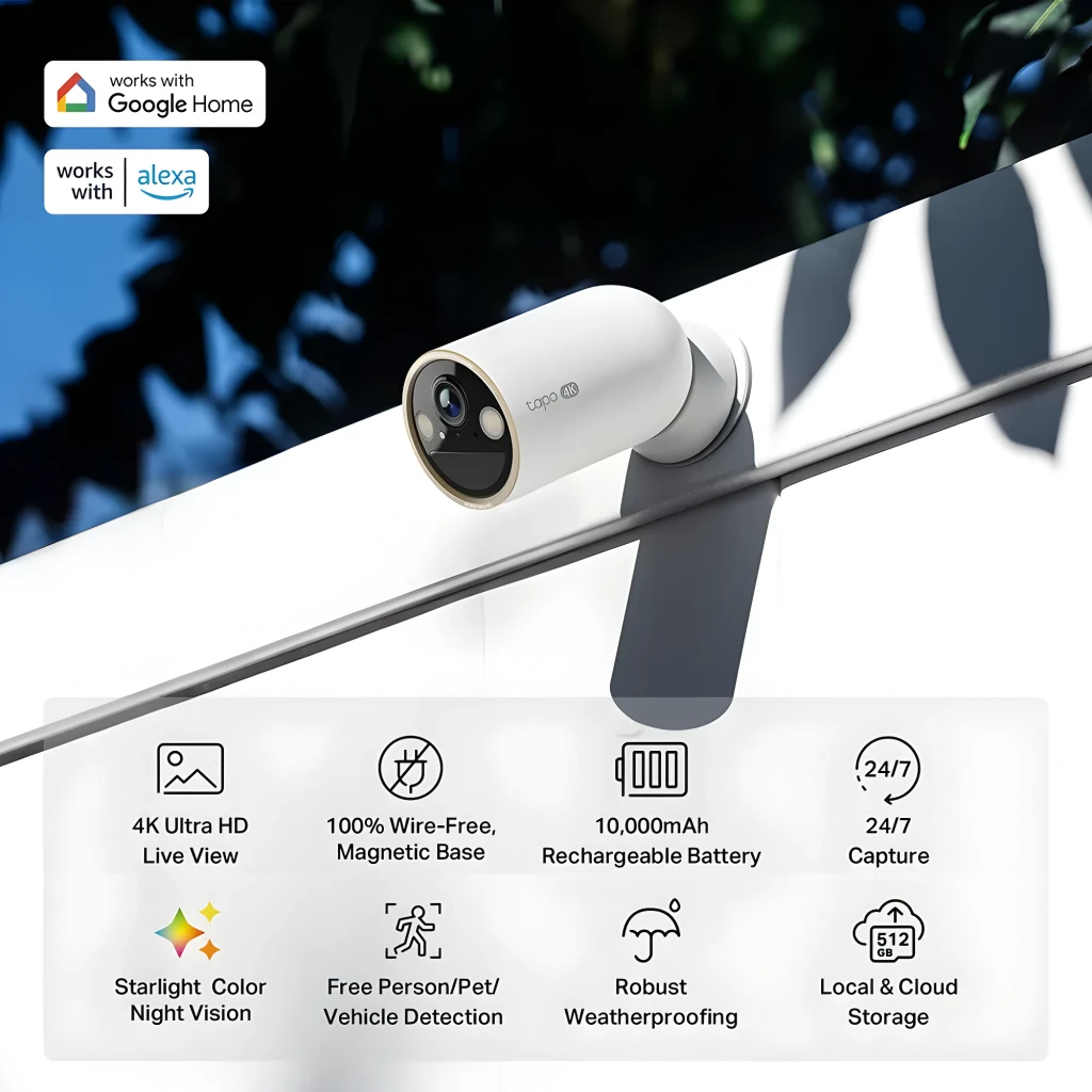 TP-Link Tapo C460 512GB branca, vista frontal em ângulo: lente central, dois focos LED e aro dourado 4K 8MP - Item3