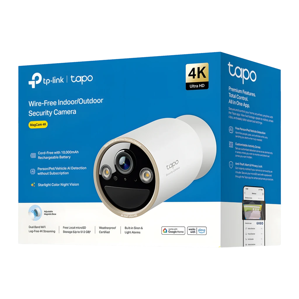 TP-Link Tapo C460 512GB branca, vista frontal em ângulo: lente central, dois focos LED e aro dourado 4K 8MP - Item4