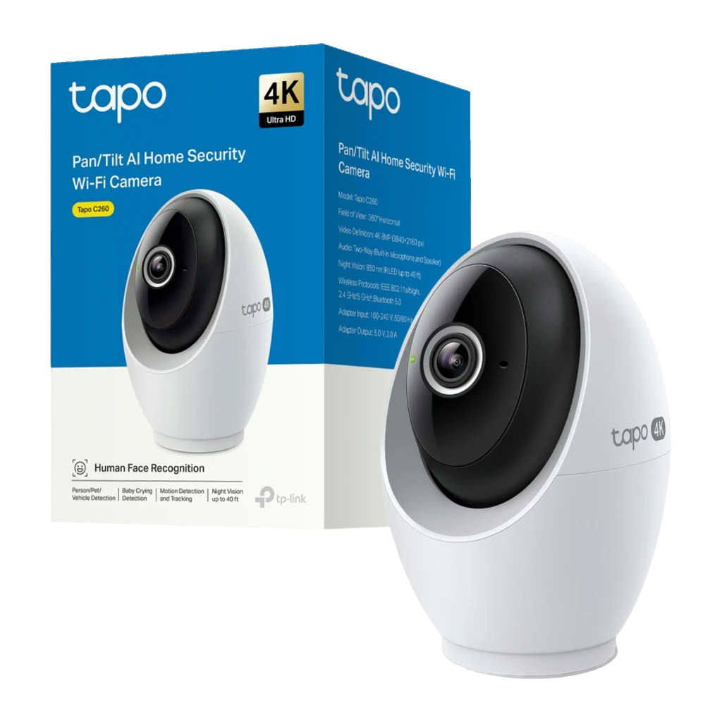 TP-Link Tapo C260 512GB vermelho, vista frontal em ângulo: corpo oval branco, lente grande angular e logo Tapo 4K - Item3