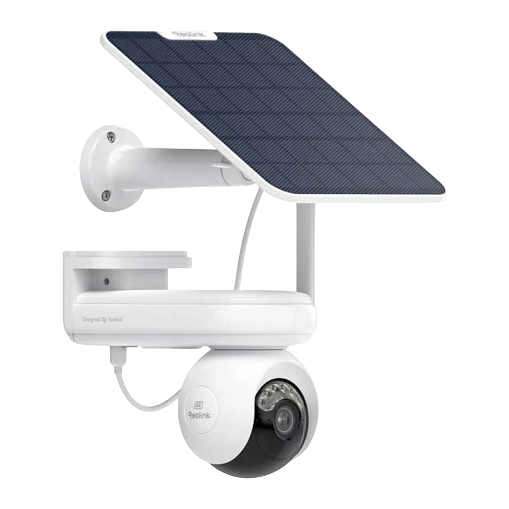 Reolink Altas B660 512GB ColorX avec panneau solaire, vue avant: caméra PTZ blanche avec module caméra et panneau solaire - Ítem2