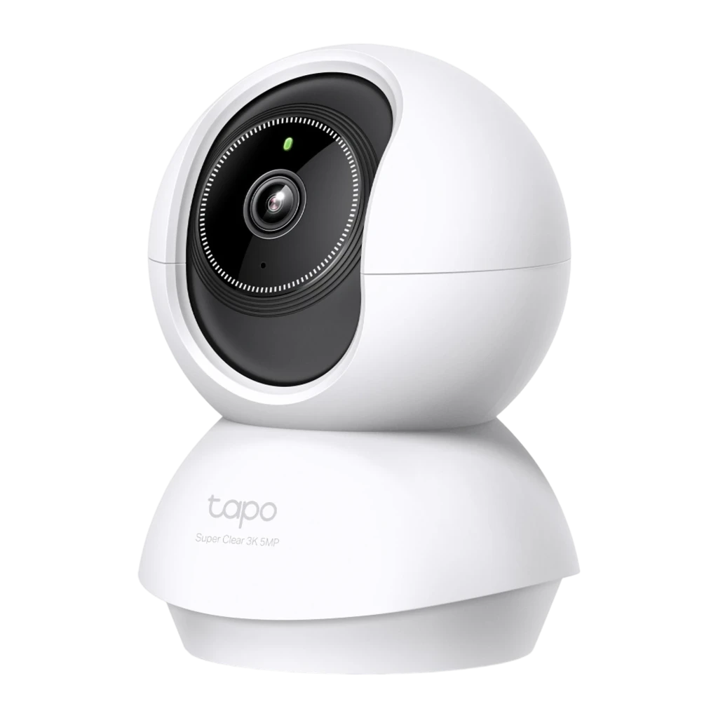 TP-Link Tapo C230 512GB Branco, vista frontal: lente central, painel preto circular e base branca com logo Tapo - Item1