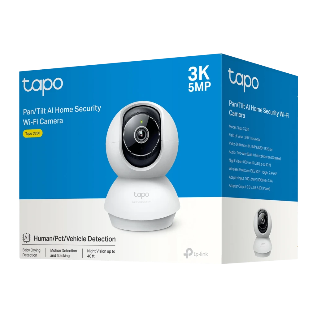 TP-Link Tapo C230 512GB Branco, vista frontal: lente central, painel preto circular e base branca com logo Tapo - Item2