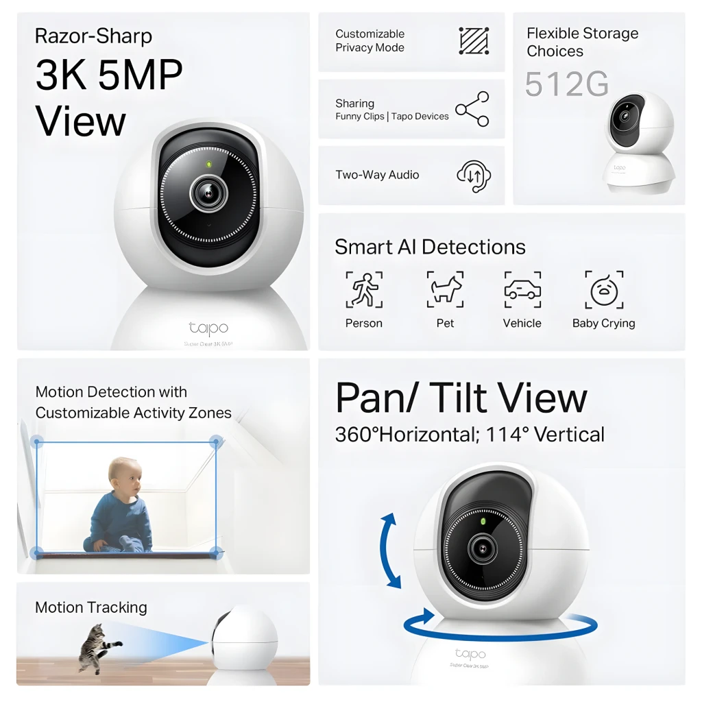 TP-Link Tapo C230 512GB Branco, vista frontal: lente central, painel preto circular e base branca com logo Tapo - Item3