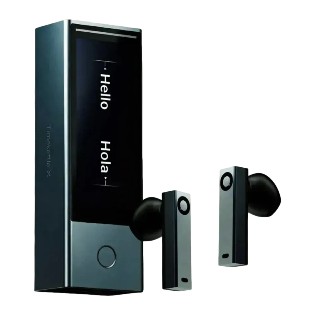 Timekettle X1 Meeting gris, vista frontal: pantalla táctil con menú Multi-Person Translation y dos earbuds flotantes - Ítem1