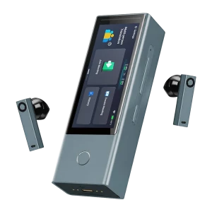 Timekettle X1 Meeting gris, vista frontal: pantalla táctil con menú Multi-Person Translation y dos earbuds flotantes