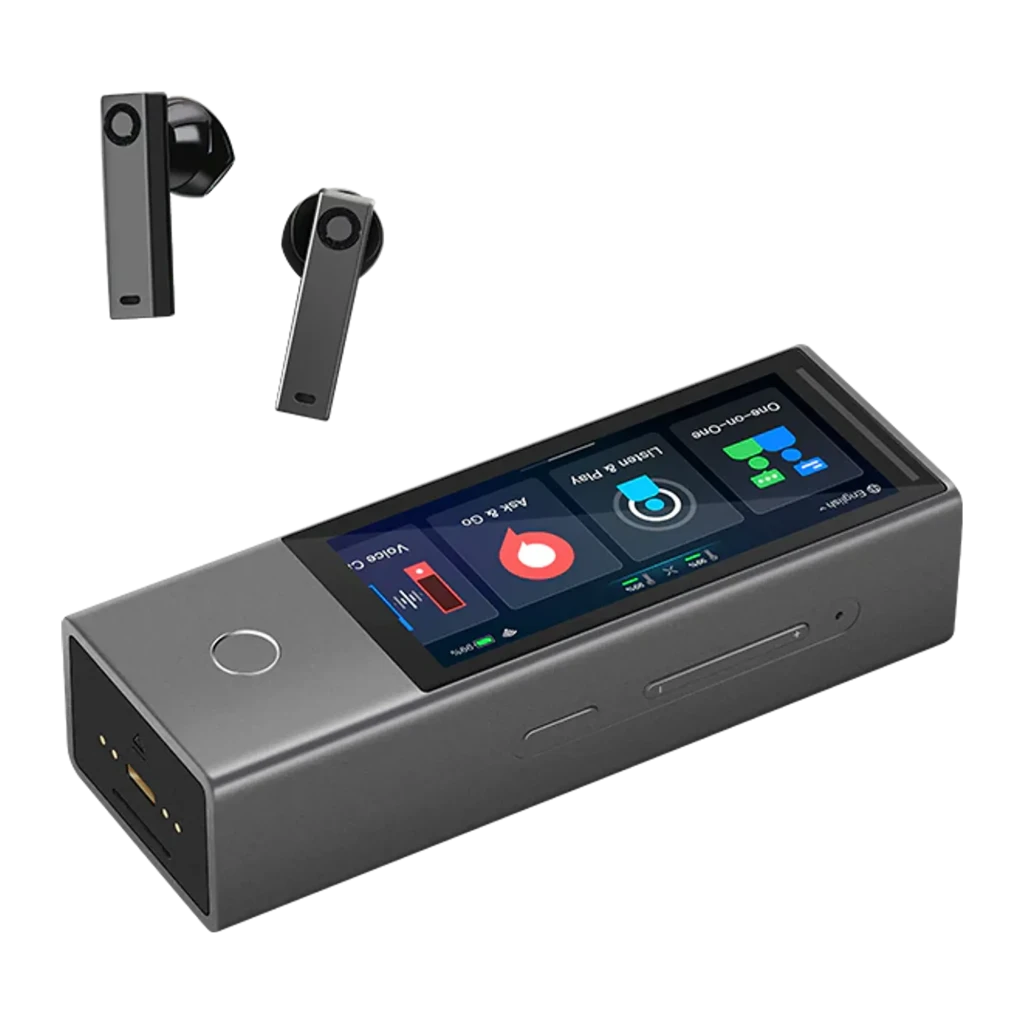 Timekettle X1 Meeting gris, vista frontal: pantalla táctil con menú Multi-Person Translation y dos earbuds flotantes - Ítem2
