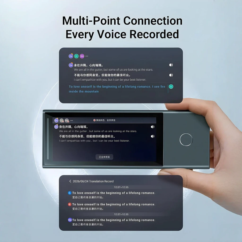 Timekettle X1 Meeting gris, vista frontal: pantalla táctil con menú Multi-Person Translation y dos earbuds flotantes - Ítem4