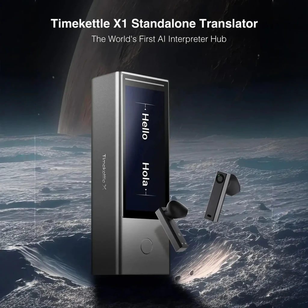 Timekettle X1 Meeting gris, vista frontal: pantalla táctil con menú Multi-Person Translation y dos earbuds flotantes - Ítem3
