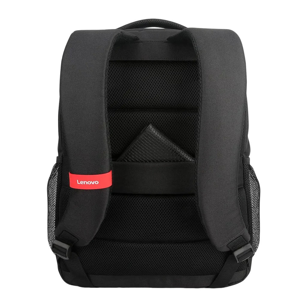 Lenovo Mochila B515 15.6 polegadas preto, vista frontal em ângulo: logótipo branco, fecho vermelho e bolso lateral em malha - Item3