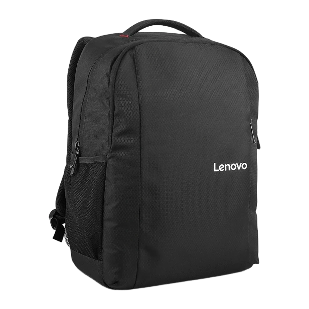 Lenovo Mochila B515 15.6 polegadas preto, vista frontal em ângulo: logótipo branco, fecho vermelho e bolso lateral em malha - Item2