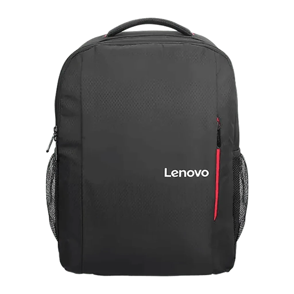 Lenovo Mochila B515 15.6 polegadas preto, vista frontal em ângulo: logótipo branco, fecho vermelho e bolso lateral em malha - Item1