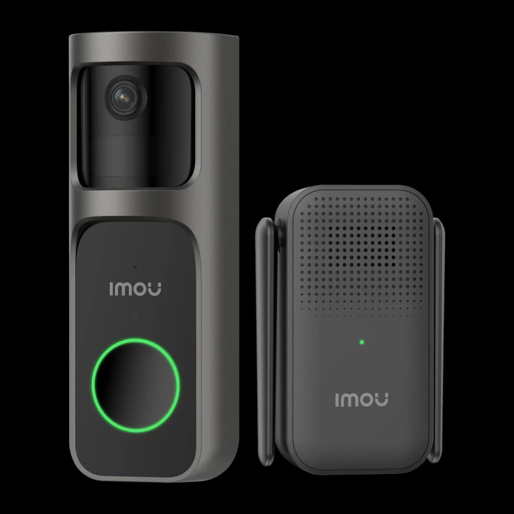 Imou 2S Video Doorbell Kit 512GB Noir, vue avant: sonnette avec caméra et bouton vert à côté du carillon sans fil