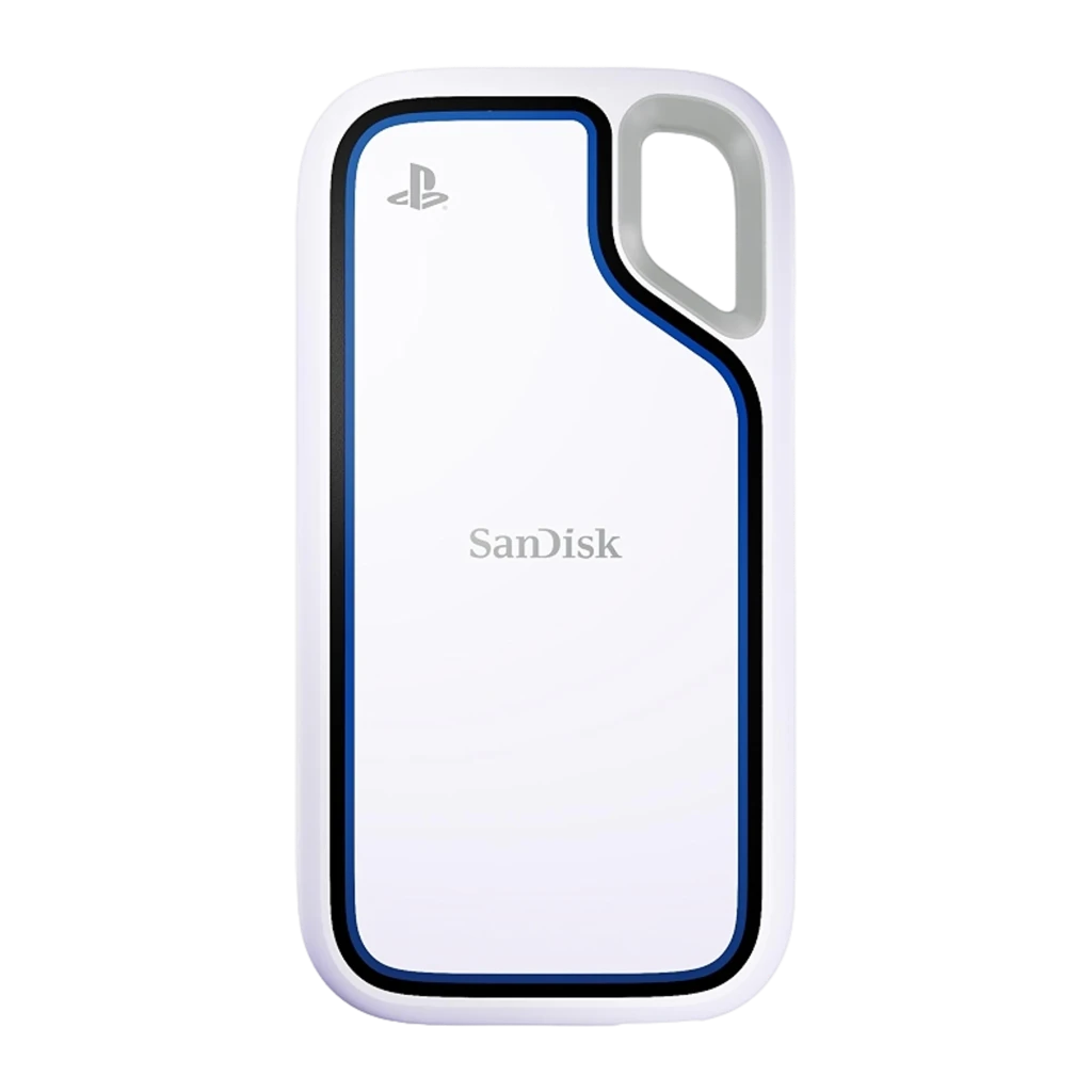 SanDisk Extreme Portable SSD IP55 1TB blanc, vue avant: corps blanc avec bordure bleue, logo PlayStation et anneau gris en